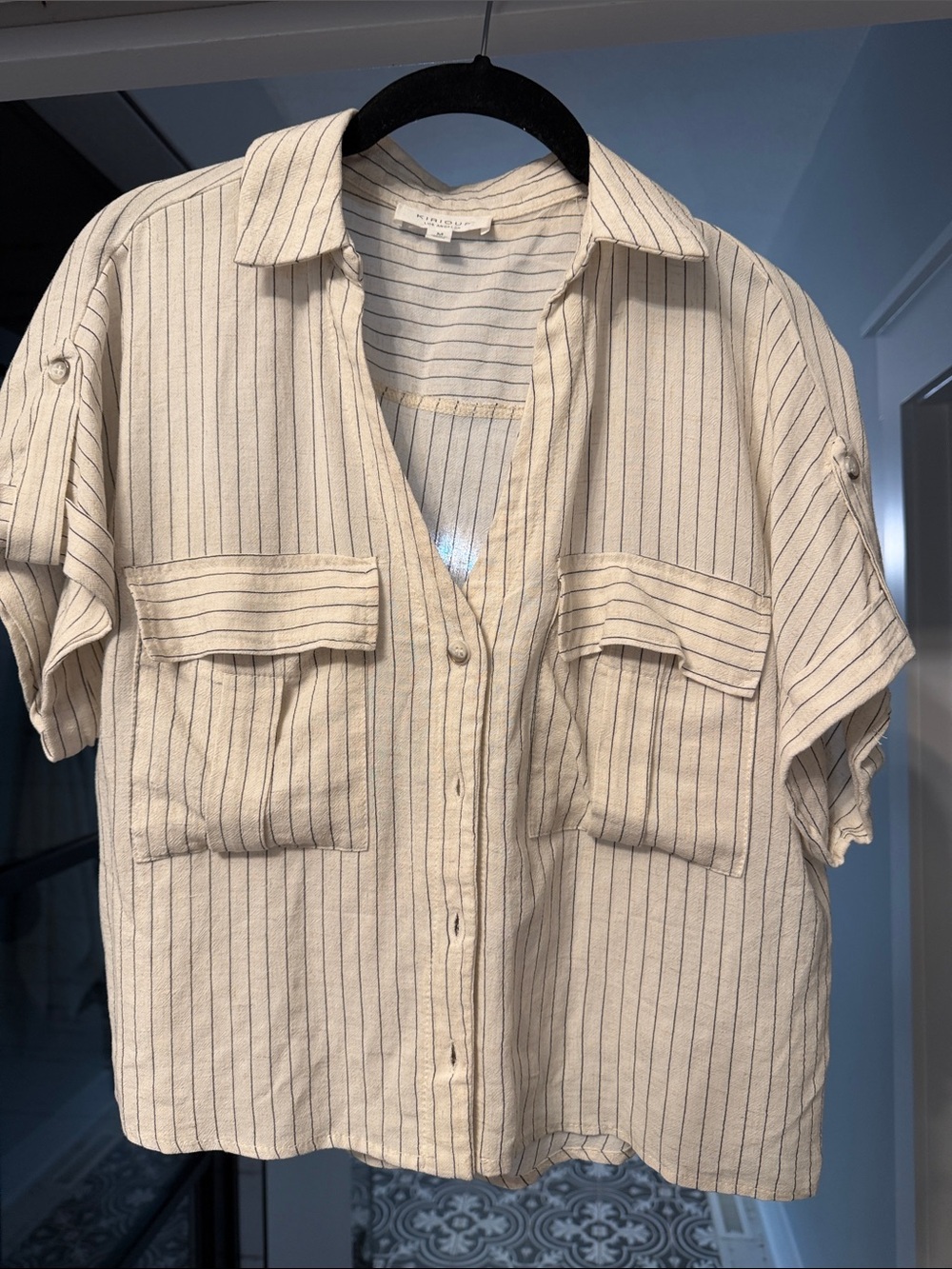 Linen Striped Cream Short-Sleeve Button-Front Blouse